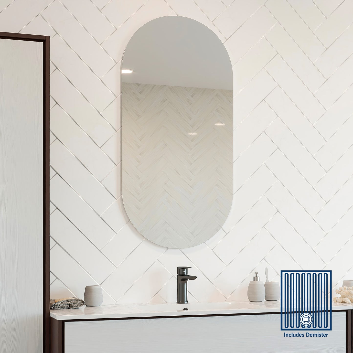 DP5010GTD Pill Shape Polished Edge Mirror Glue-to-Wall including demister