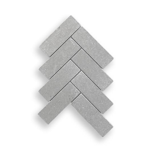 BALMAIN CINDER GREY TUMBLED NATURAL STONE HERRINGBONE MOSAIC