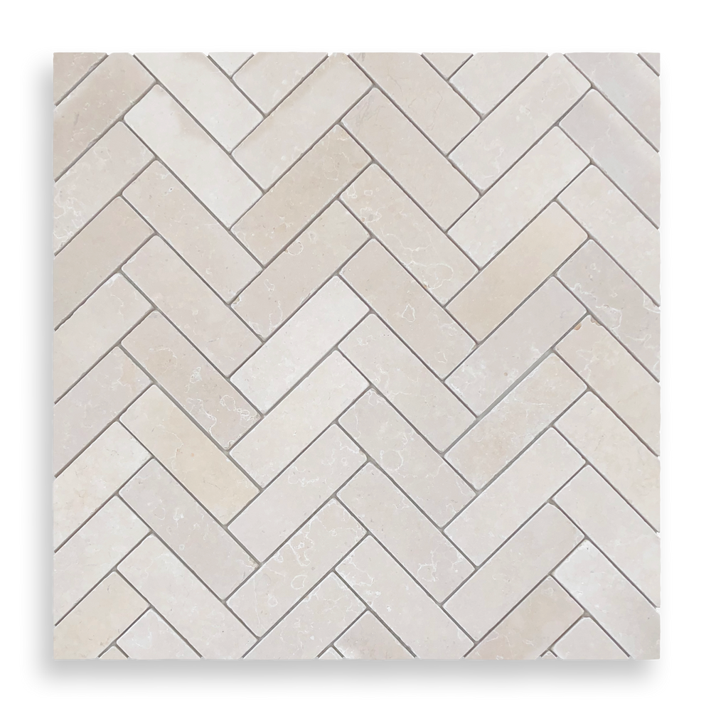 BALMAIN CREMA SERENA TUMBLED NATURAL STONE HERRINGBONE MOSAIC