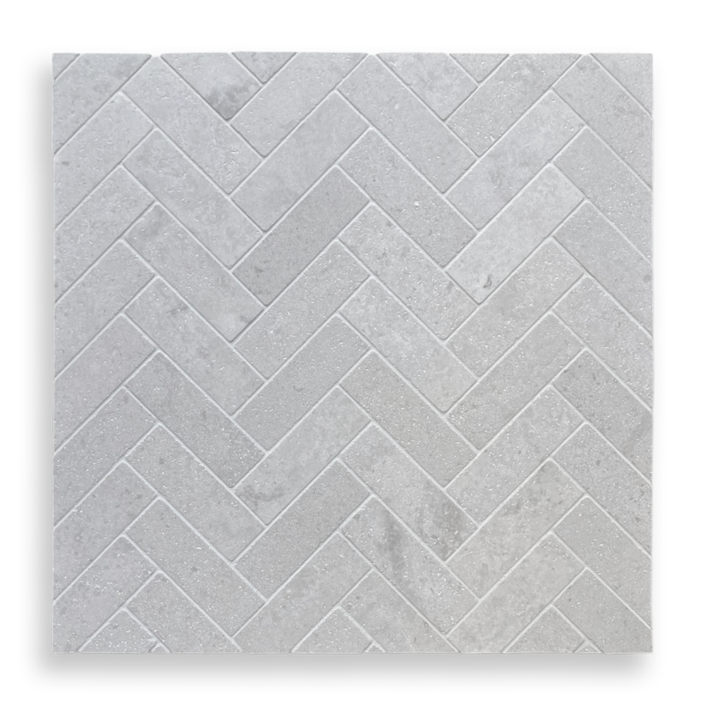 BALMAIN GRIS TRAVERTINE TUMBLED NATURAL STONE HERRINGBONE MOSAIC