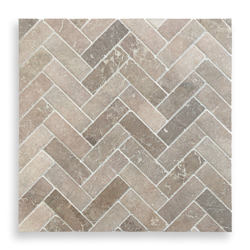 BALMAIN ROSA MURCIA TUMBLED NATURAL STONE HERRINGBONE MOSAIC