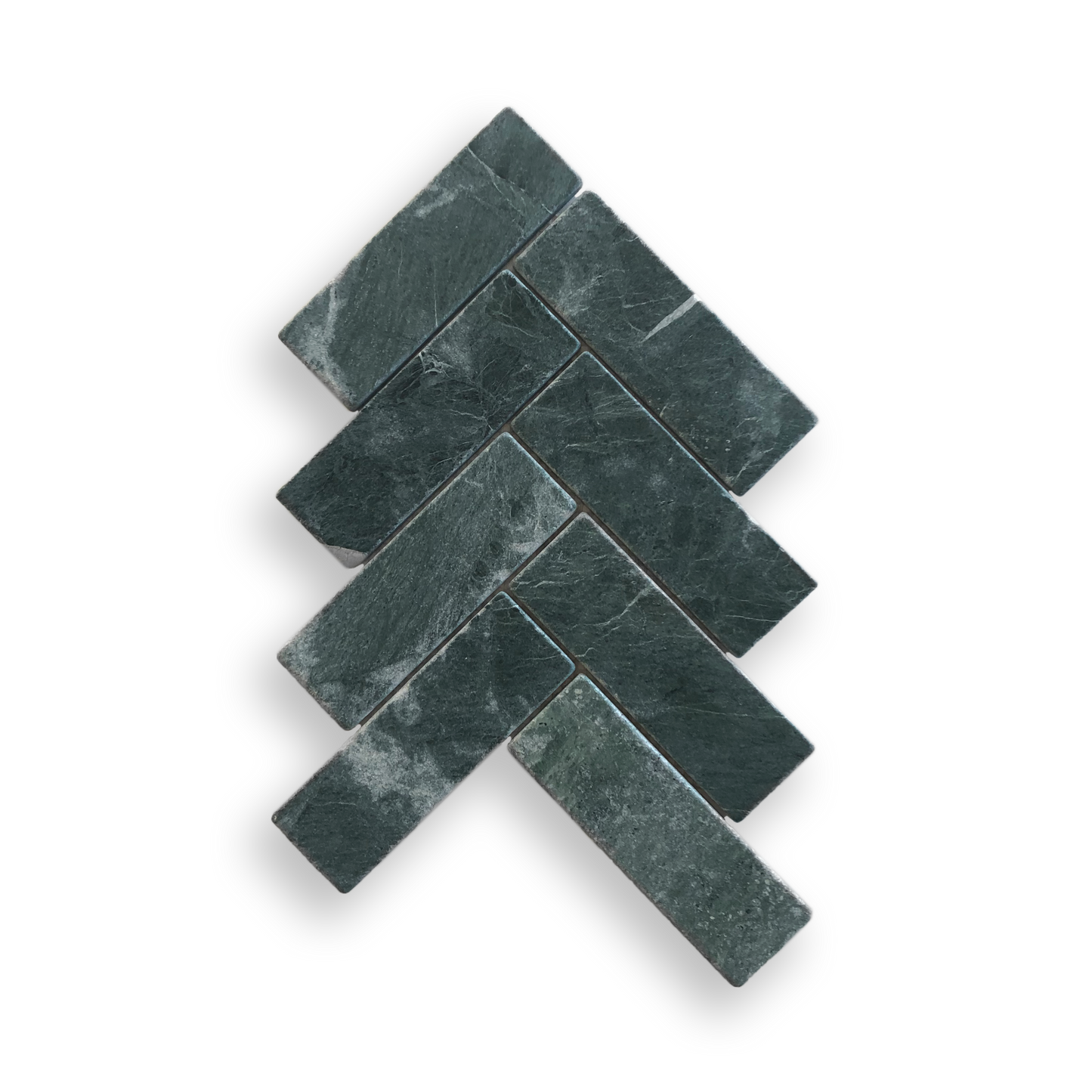 BALMAIN TAJ GREEN TUMBLED NATURAL STONE HERRINGBONE MOSAIC