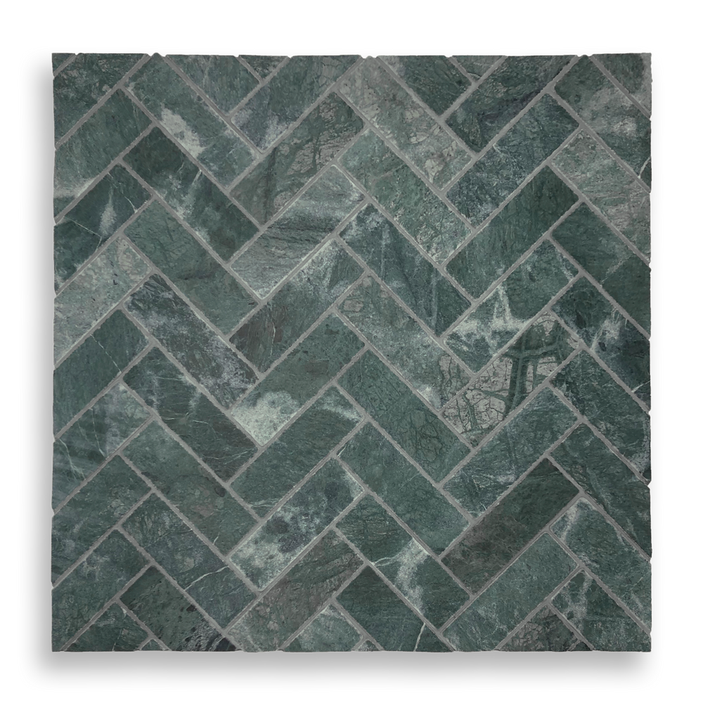 BALMAIN TAJ GREEN TUMBLED NATURAL STONE HERRINGBONE MOSAIC