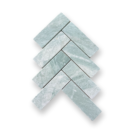 BALMAIN VERDI CRISTALLO TUMBLED NATURAL STONE HERRINGBONE MOSAIC