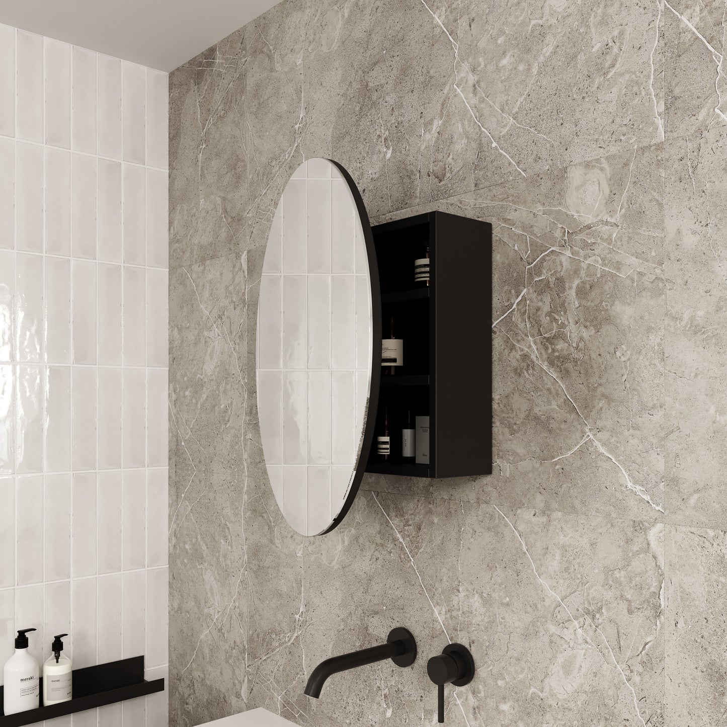 CR6060B Round Black Mirror Cabinet
