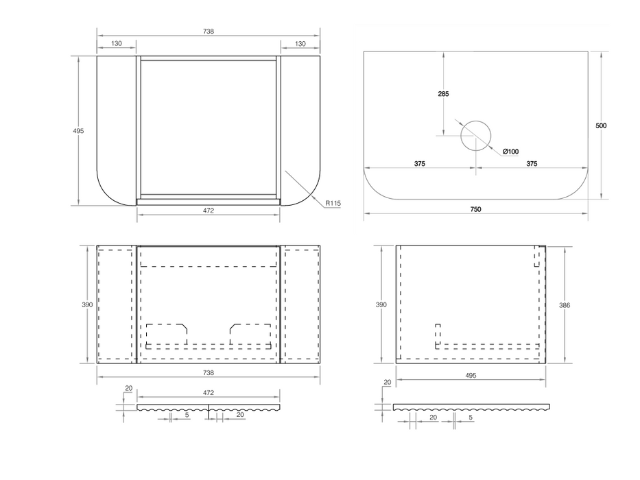 V-Groove 750mm Wall Hung Vanity