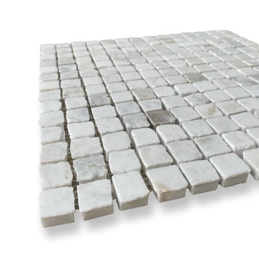 Cortona Bianco Oro Marble Artisan Cut Small Square Mosaic Tile — White, Square