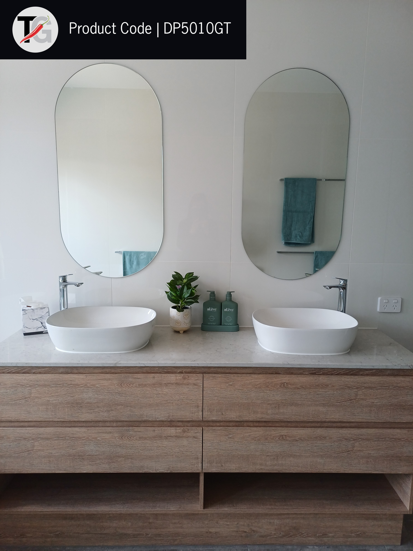 DP5010GT Pill Shape Polished Edge Mirror Glue-to-Wall