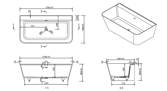 Hazel VX41-1700 Freestanding Rectangular Back-to-Wall with Overflow