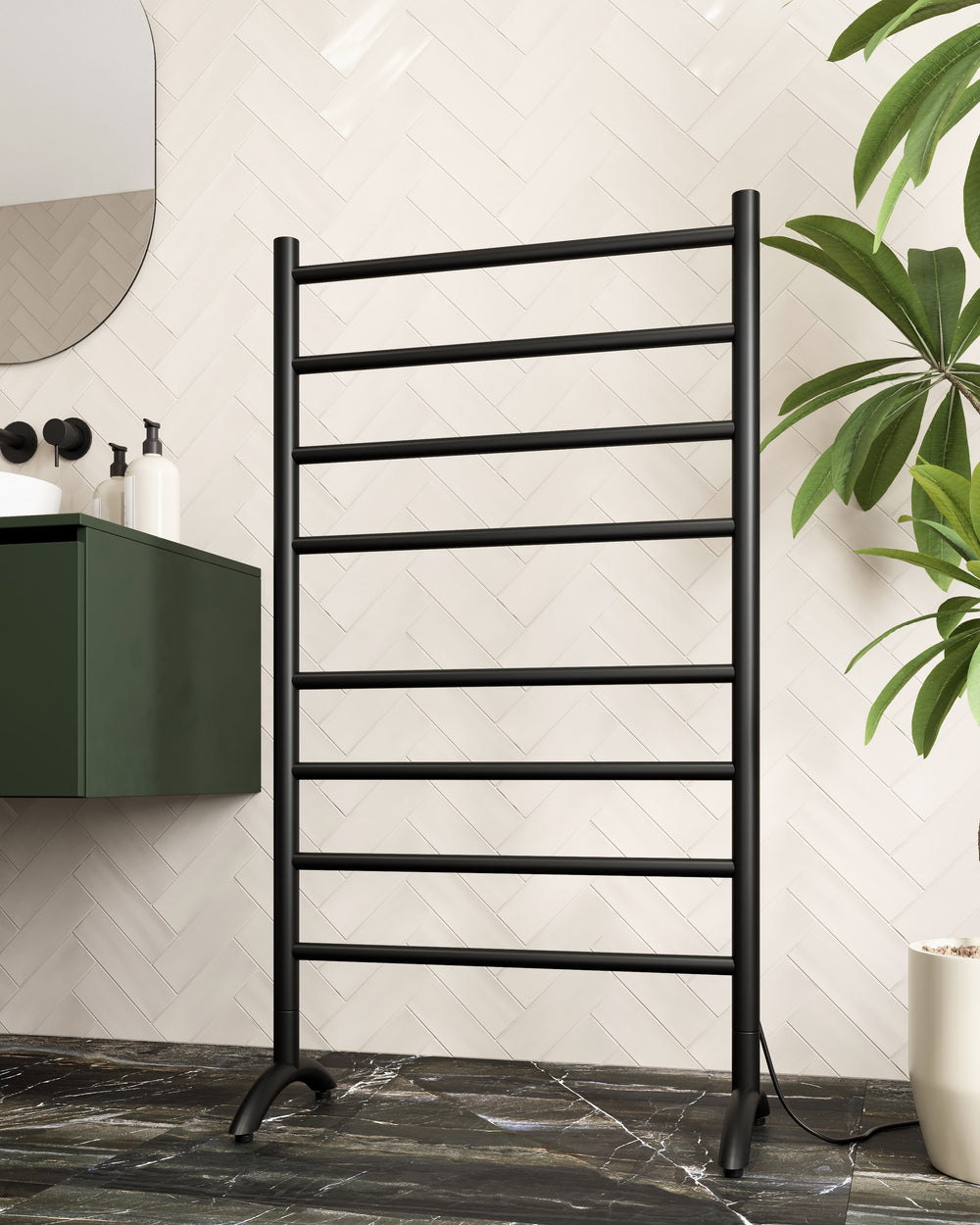 FS66EB Straight Round Free Standing Matt Black Heated Towel Rail
