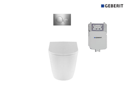 Renee Rimless Wall Faced Pan with Geberit In-wall Cistern & Chrome Round Buttons