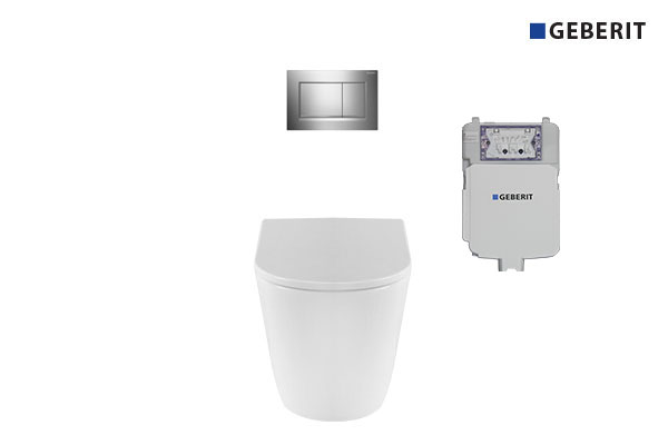 Renee Rimless Wall Faced Pan with Geberit In-wall Cistern & Chrome Square Buttons