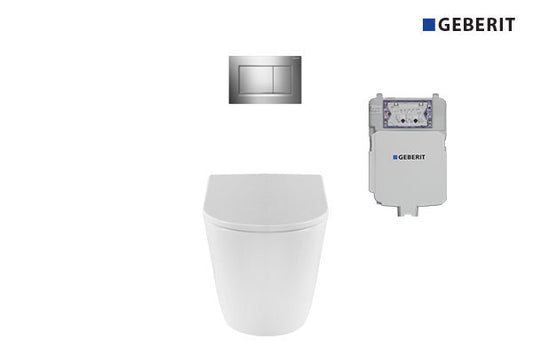 Renee Rimless Wall Faced Pan with Geberit In-wall Cistern & Chrome Square Buttons