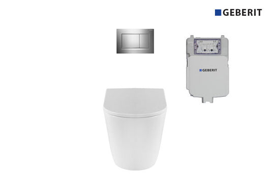 Renee Wall Faced Pan & Geberit In-Wall Cistern & Chrome Square Buttons