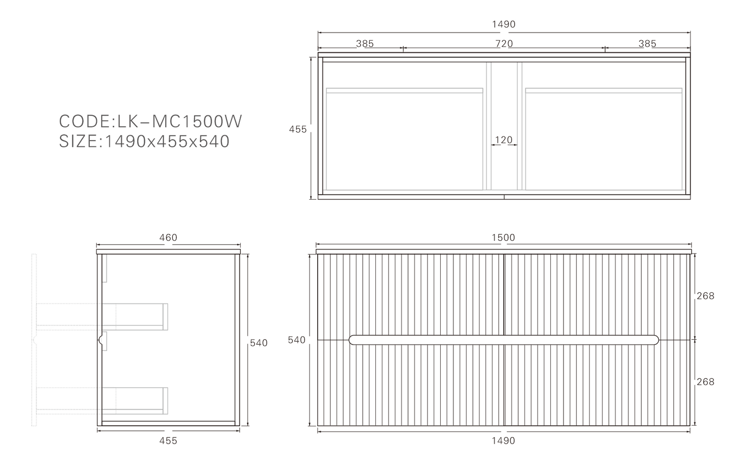 Cabarita Morden Wall Hung PVC Cabinet, Matte Black, LK-MC1500W-MB