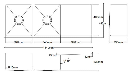 Kliff Hand Made Stainless Steel Double Bowl Sink 1140mm LK-SDK1140