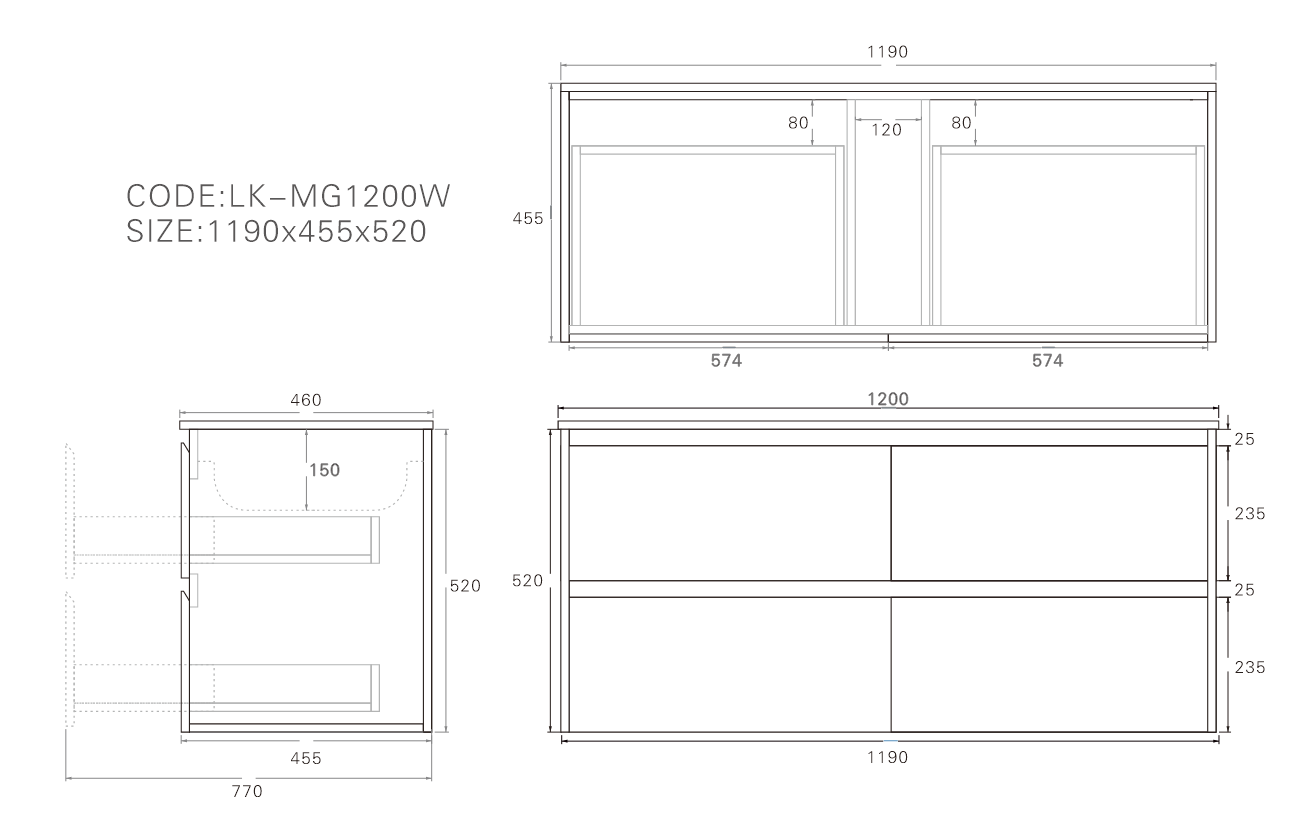 Gladstone Wall Hung Plywood Cabinet for Single bowl LK-MG1200W-SO