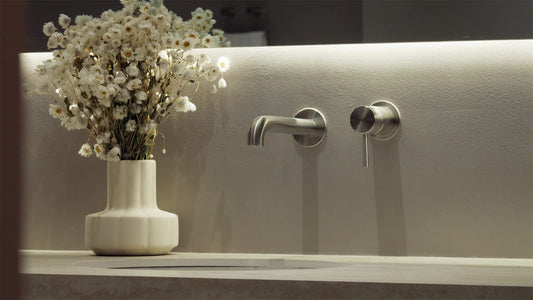ZEN SS316L WALL BASIN/BATH MIXER SEPARATE BACK PLATE 185/230MM SPOUT BRUSHED GOLD