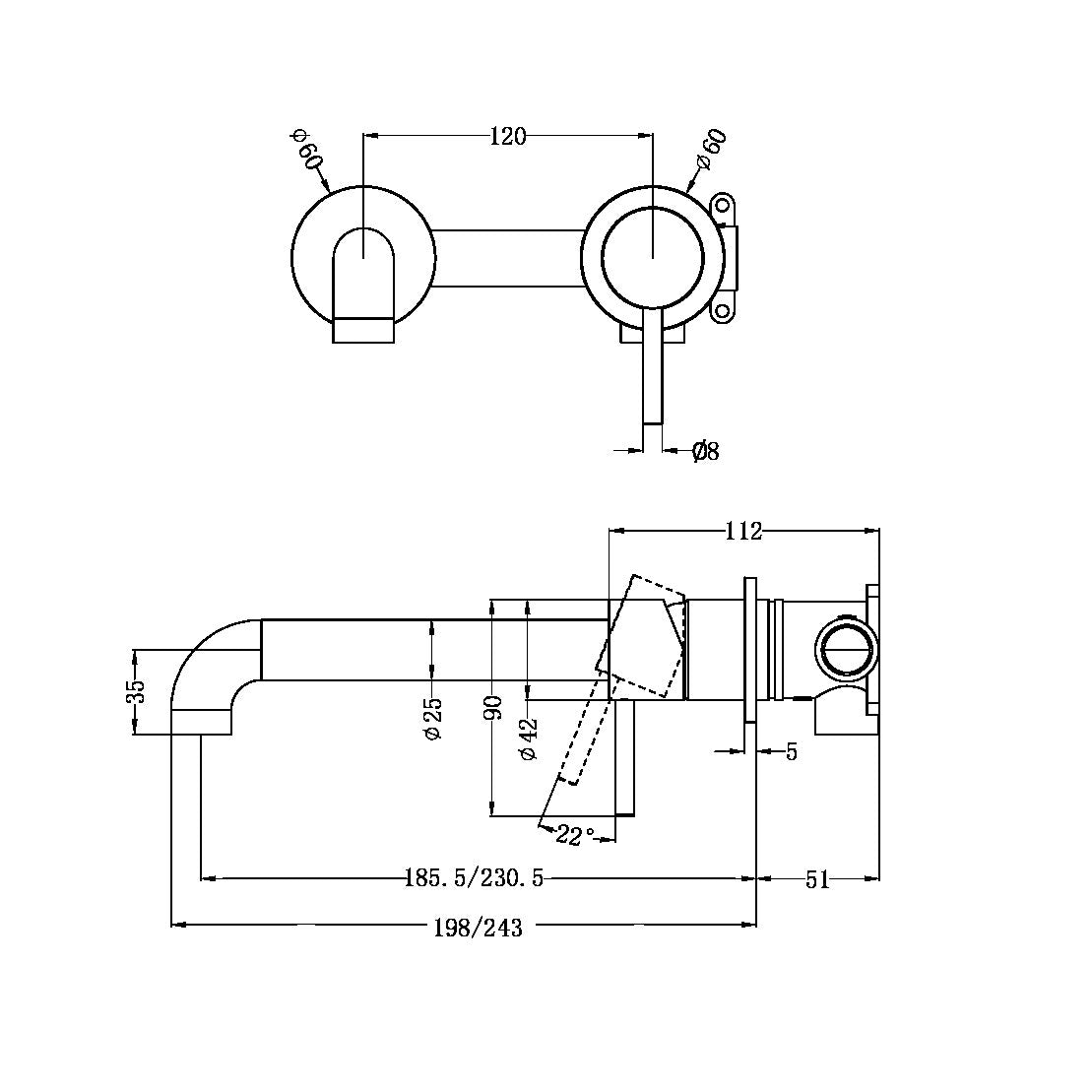 ZEN SS316L WALL BASIN/BATH MIXER SEPARATE BACK PLATE 185/230MM SPOUT BRUSHED NICKEL
