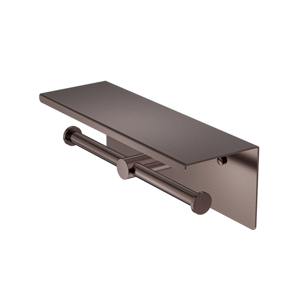 MECCA DOUBLE TOILET ROLL HOLDER WITH SHELF BRUSHED BRONZE