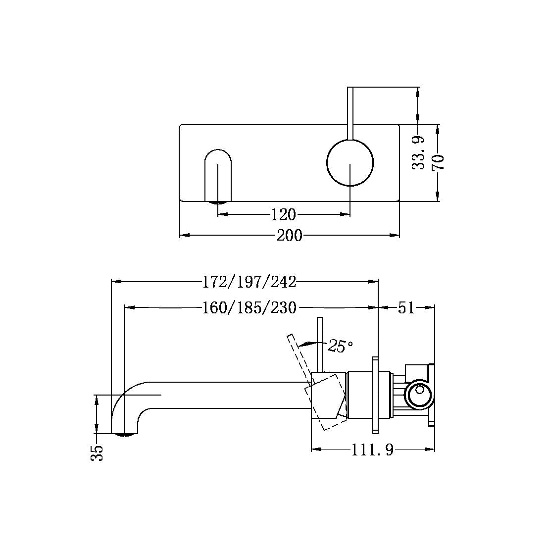 MECCA WALL BASIN/BATH MIXER HANDLE UP 185MM BZ (NR221907B185BZ) BRUSHED BRONZE