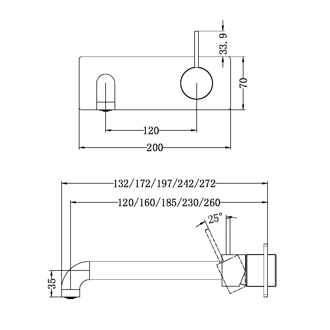 MECCA WALL BASIN/BATH MIXER HANDLE UP 120/160/185/230/260MM TRIM KITS ONLY CHROME