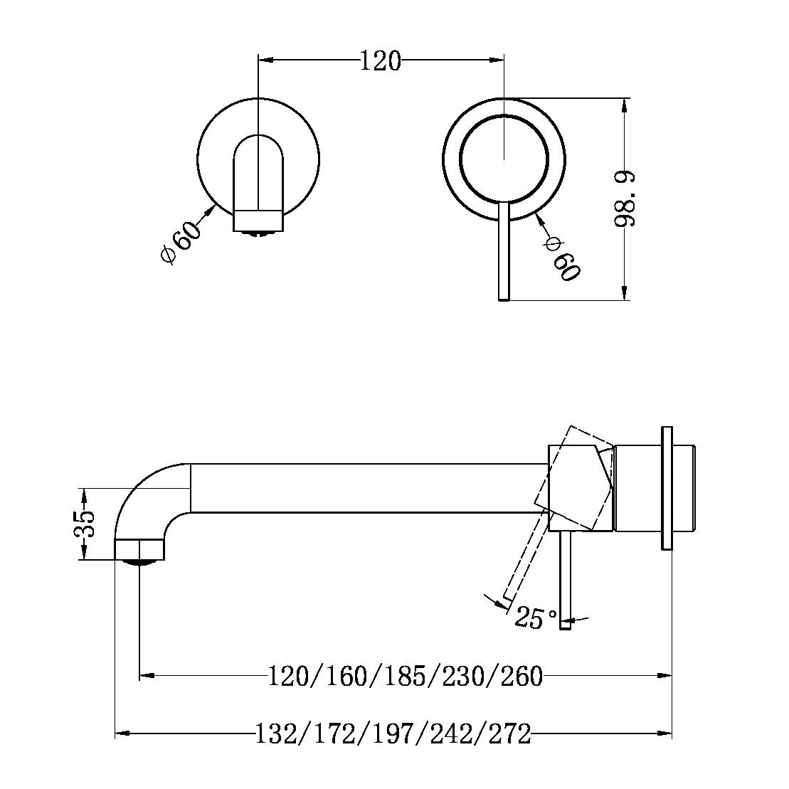 MECCA WALL BASIN/BATH MIXER SEPARATE BACK PLATE 120/160/185/230/260MM GUN METAL