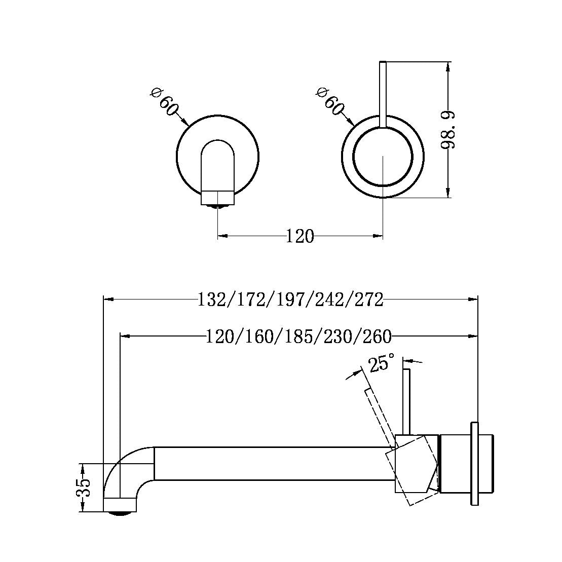 MECCA WALL BASIN/BATH MIXER SEPARATE BACK PLATE HANDLE UP 120/160/185/230/260MM MATTE WHITE