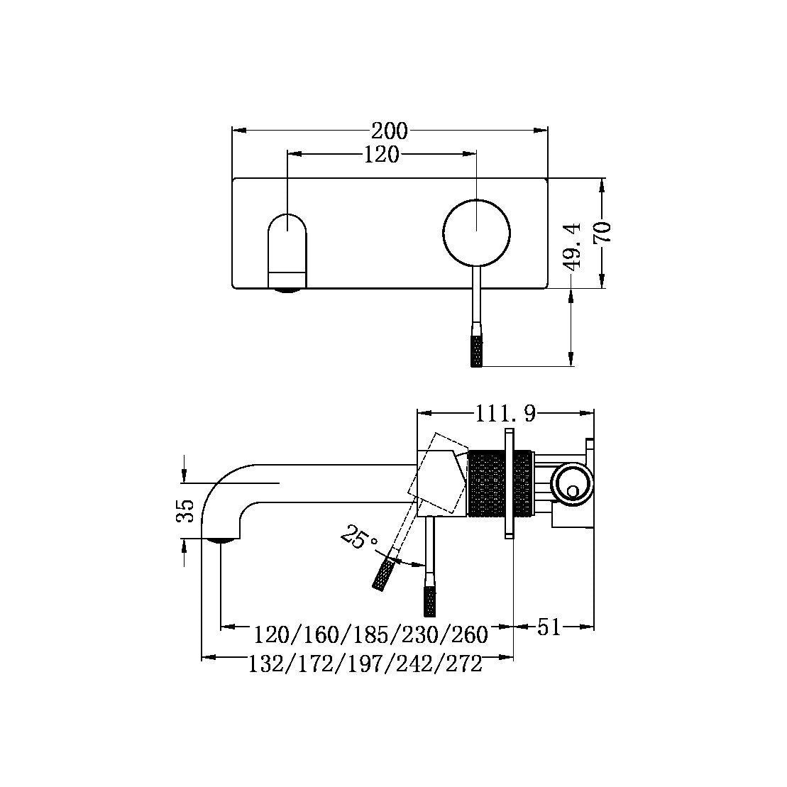 OPAL WALL BASIN/BATH MIXER 120/160/185/230/260MM BRUSHED BRONZE