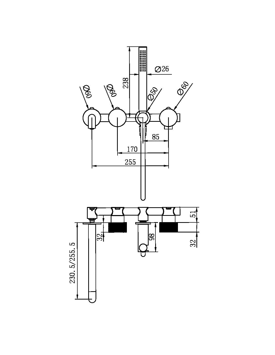 OPAL PROGRESSIVE SHOWER SYSTEM SEPARATE PLATE WITH SPOUT 230/250MM BRUSHED BRONZE