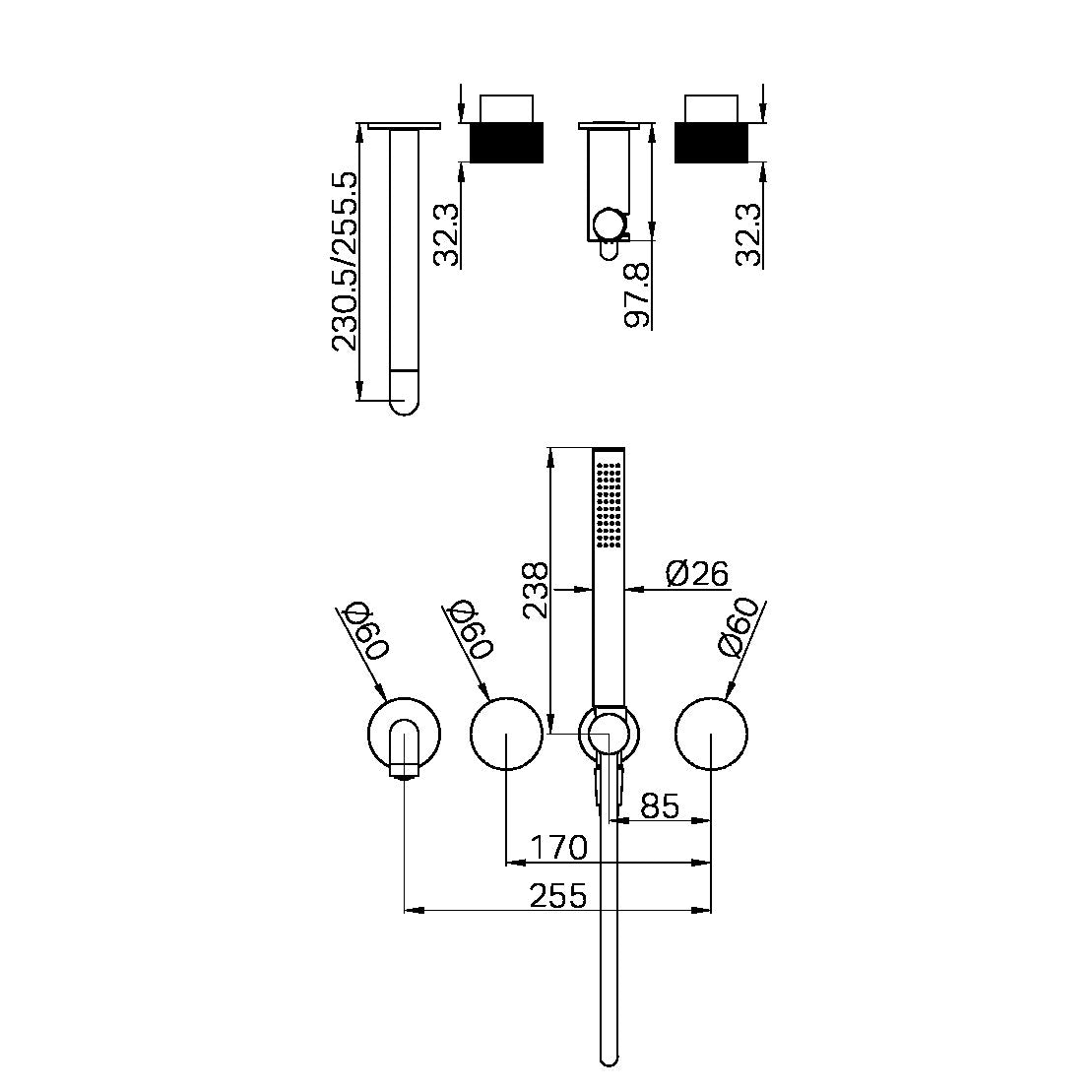 OPAL PROGRESSIVE SHOWER SYSTEM SEPARATE PLATE WITH SPOUT 230/250MM TRIM KITS ONLY BRUSHED GOLD