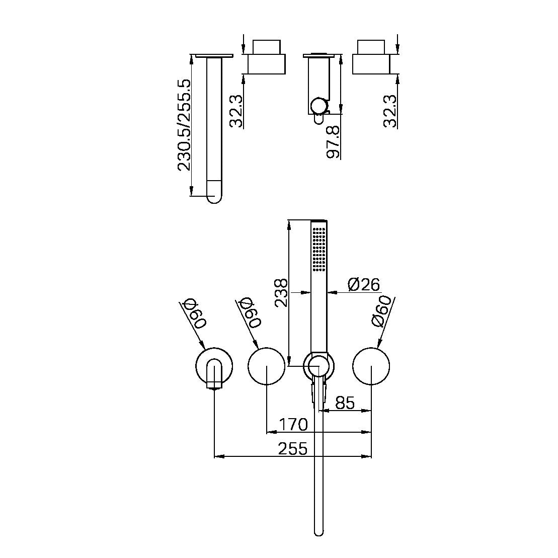 KARA PROGRESSIVE SHOWER SYSTEM SEPARATE PLATE WITH SPOUT 230/250MM TRIM KITS ONLY BRUSHED BRONZE