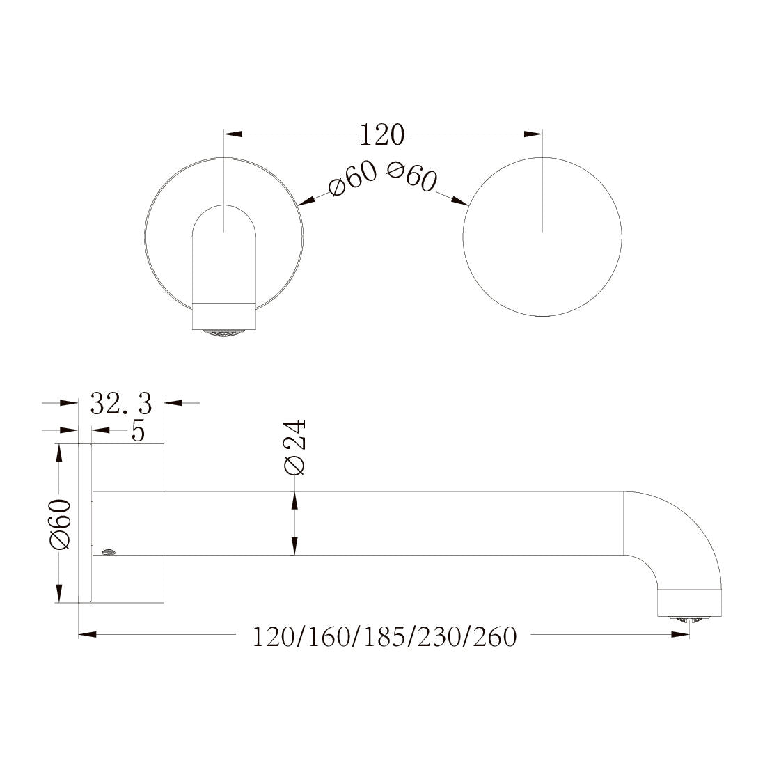 KARA PROGRESSIVE WALL BASIN/BATH SET 120/160/185/230/260MM CHROME