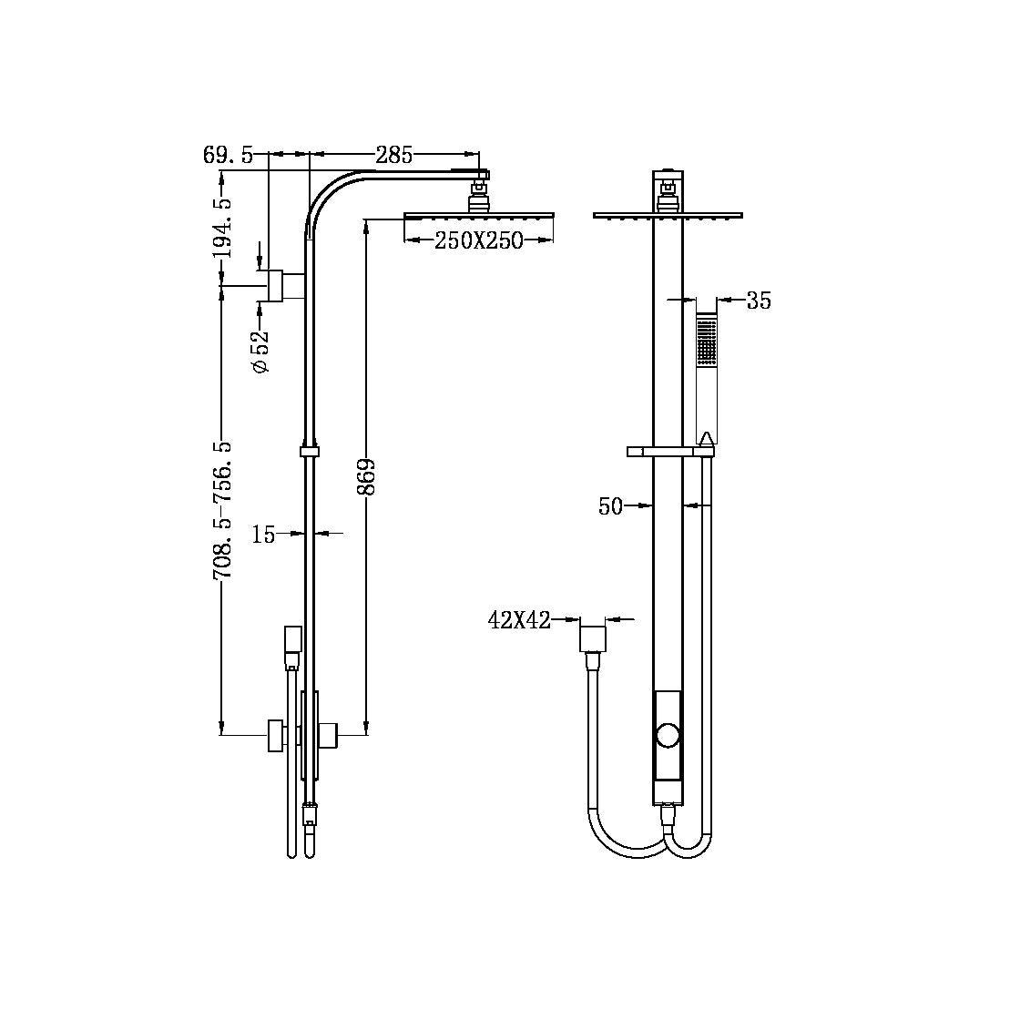 ASTRA RAIN SQUARE TWIN SHOWER DOUBLE HOSE CHROME (NR281305DCH)