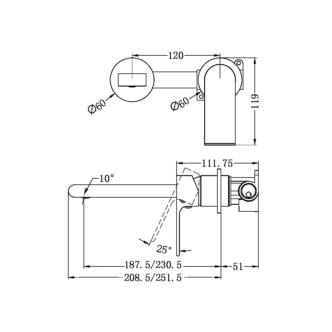 BIANCA WALL BASIN/BATH MIXER SEPARATE BACK PLATE 187/230 MM BRUSHED BRONZE