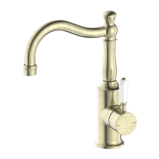 YORK BASIN MIXER HOOK SPOUT WITH AGED BRASS