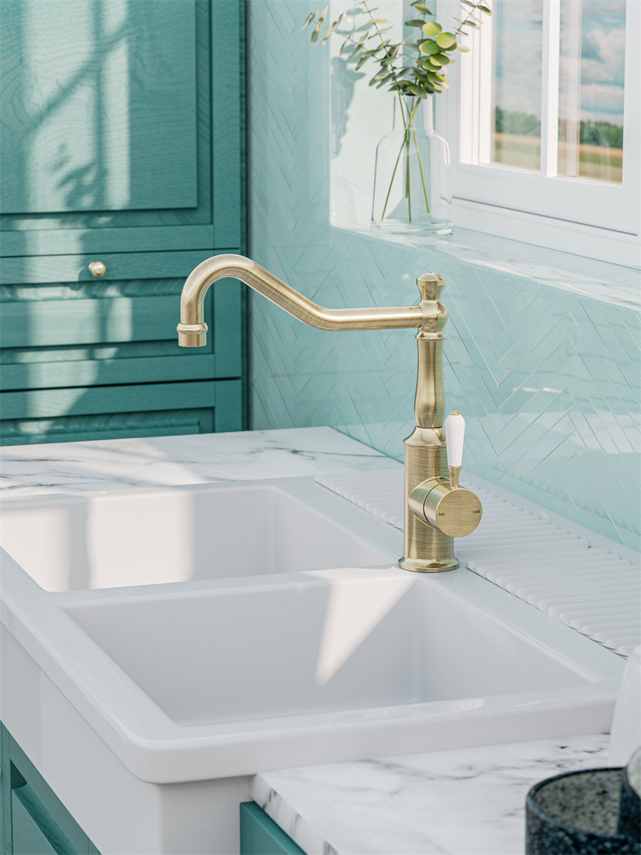 YORK KITCHEN MIXER HOOK SPOUT WITH AGED BRASS