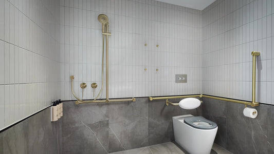 MECCA CARE 32MM DDA ACCESSIBLE TOILET GRAB RAIL SET 90 DEGREE CONTINUOUS 600X1065X1025MM BRUSHED GOLD