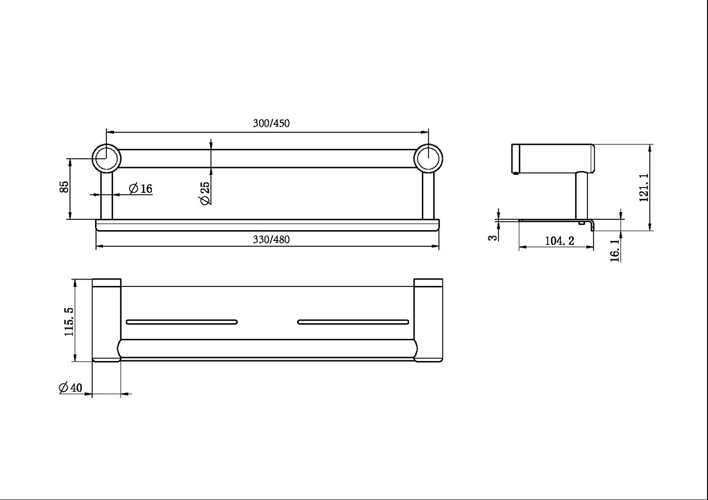 MECCA CARE 25MM GRAB RAIL WITH SHELF 300/450MM BRUSHED GOLD