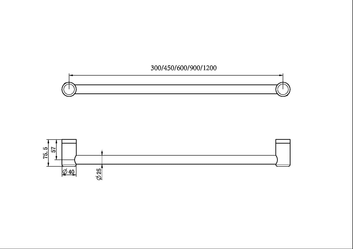 MECCA CARE 25MM GRAB RAIL 300/450/600/900/1200MM BRUSHED NICKEL
