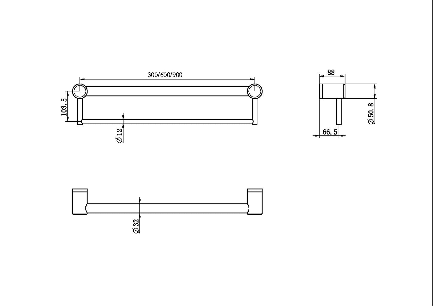 MECCA CARE 32MM GRAB RAIL WITH TOWEL HOLDER 300/600/900MM MATTE BLACK