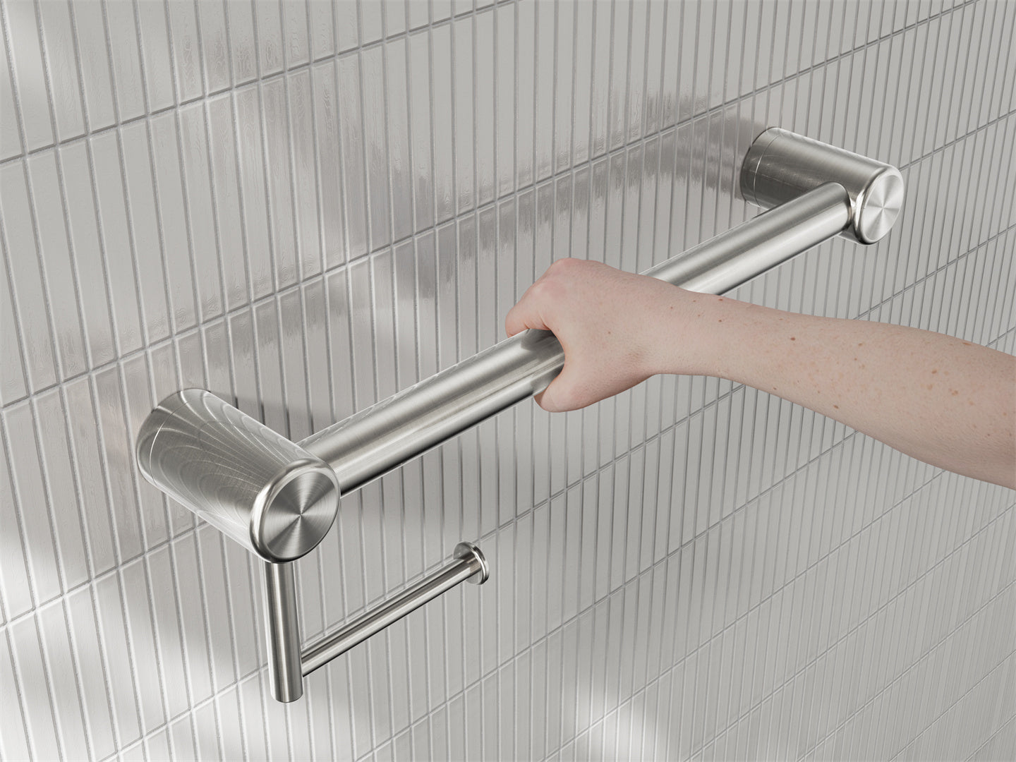 MECCA CARE 32MM GRAB RAIL WITH TOILET ROLL HOLDER 450MM BRUSHED NICKEL