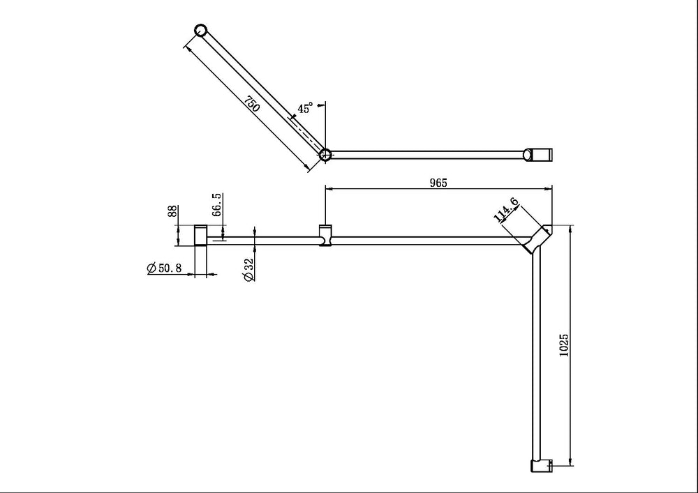 MECCA CARE 32MM DDA ACCESSIBLE TOILET GRAB RAIL SET 45 DEGREE CONTINUOUS 750X965X1025MM BRUSHED GOLD