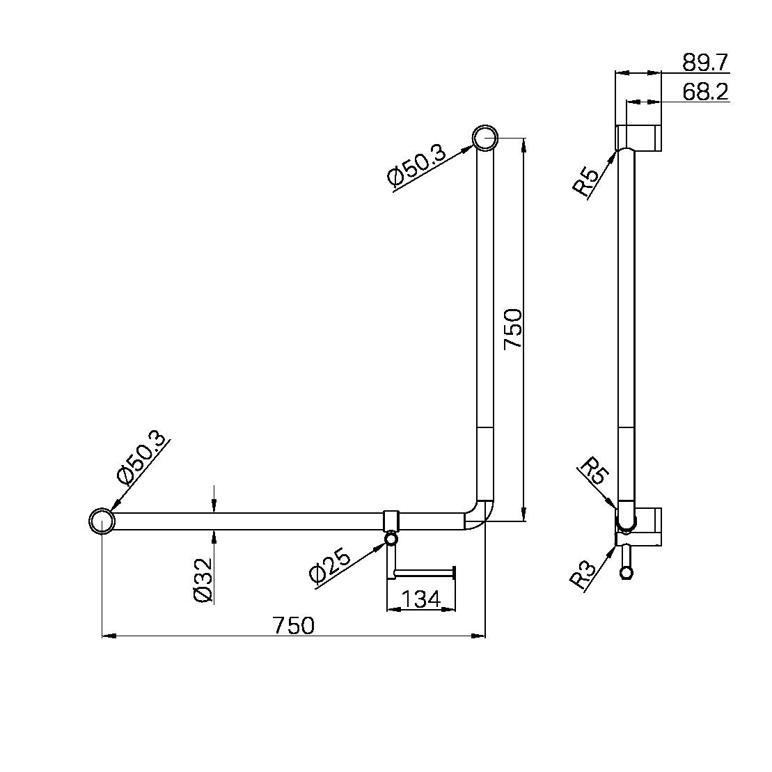 MECCA CARE 32MM 90 DEGREE NZ4121 ACCESSIBLE TOILET GRAB RAIL 750X750MM WITH TOILET ROLL HOLDER CHROME