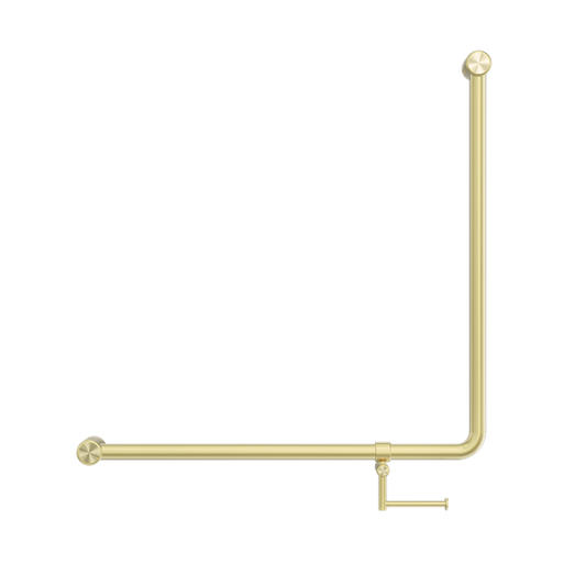 MECCA CARE 32MM 90 DEGREE NZ4121 ACCESSIBLE TOILET GRAB RAIL 750X750MM WITH TOILET ROLL HOLDER BRUSHED GOLD
