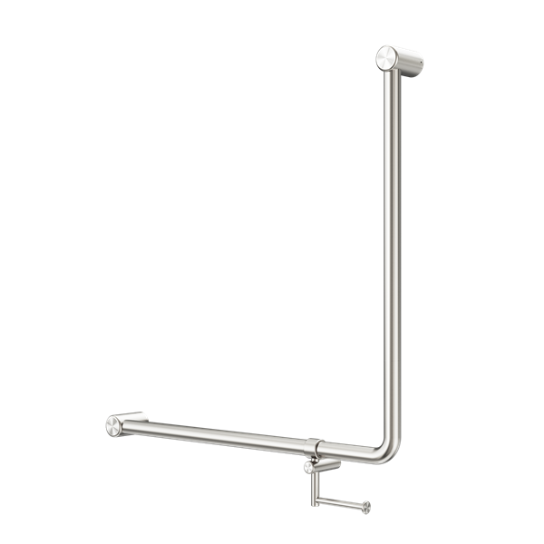 MECCA CARE 32MM 90 DEGREE NZ4121 ACCESSIBLE TOILET GRAB RAIL 750X750MM WITH TOILET ROLL HOLDER BRUSHED NICKEL