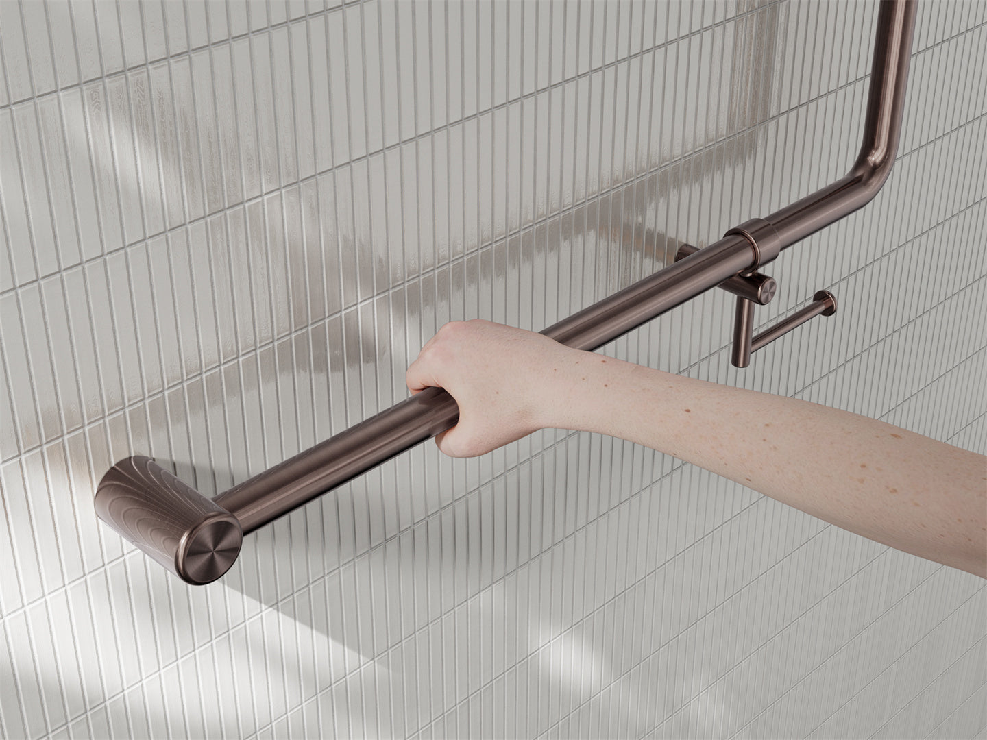 MECCA CARE 32MM 90 DEGREE NZ4121 ACCESSIBLE TOILET GRAB RAIL 750X750MM WITH TOILET ROLL HOLDER BRUSHED BRONZE