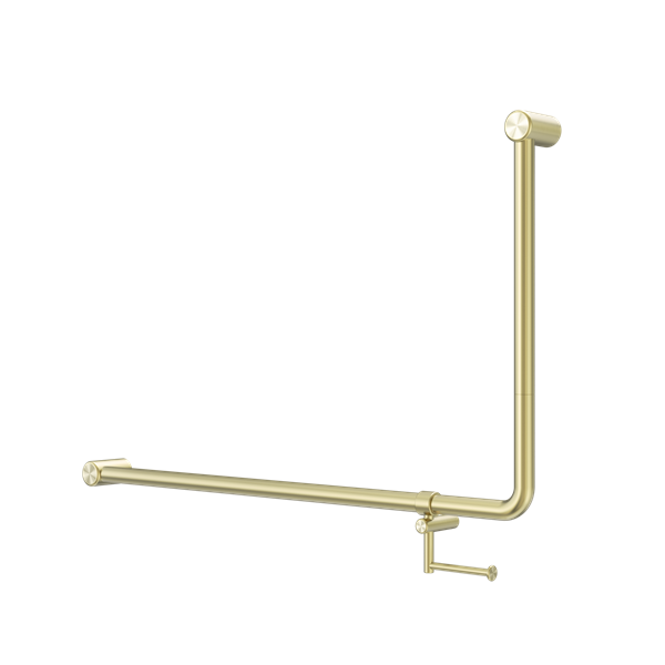 MECCA CARE 32MM DDA ACCESSIBLE TOILET 90 DEGREE BENT TUBE GRAB RAIL 600X1000MM WITH TOILET ROLL HOLDER BRUSHED GOLD