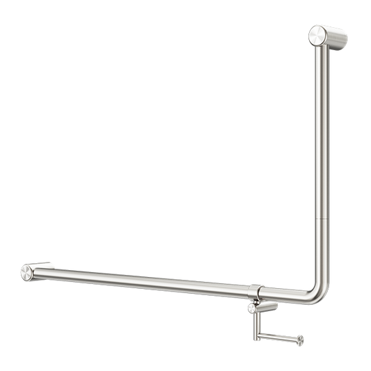 MECCA CARE 32MM DDA ACCESSIBLE TOILET 90 DEGREE BENT TUBE GRAB RAIL 600X1000MM WITH TOILET ROLL HOLDER BRUSHED NICKEL