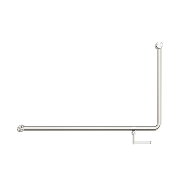 MECCA CARE 32MM DDA ACCESSIBLE TOILET 90 DEGREE BENT TUBE GRAB RAIL 600X1000MM WITH TOILET ROLL HOLDER BRUSHED NICKEL
